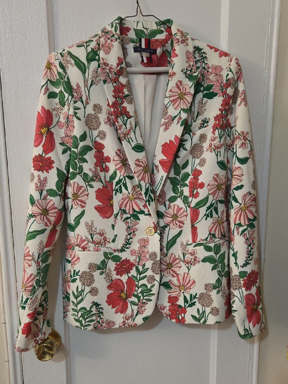 Hilfiger Floral Print Women's Blazer - Light Cream, Pink & Green, Size 8 (Med)